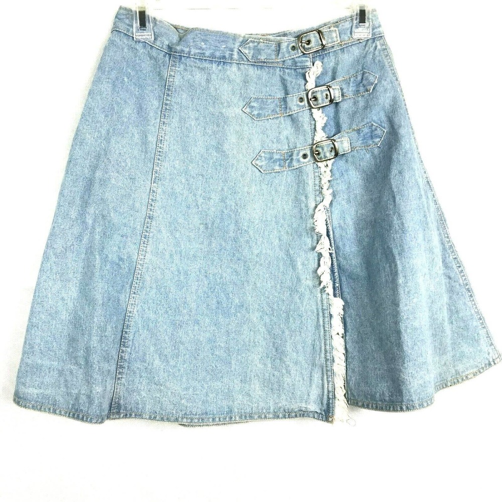Baccini Skirt Womens 7 8 Jean Vintage 90s Light Wash Denim Frayed Buckle Circle